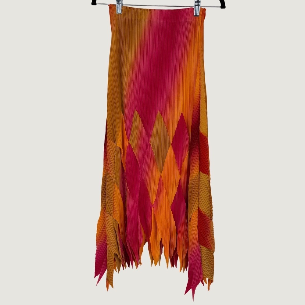 Issey Miyake Fete Pink Orange Pleated Harlequin Diamond Midi Skirt Size 2 Japan